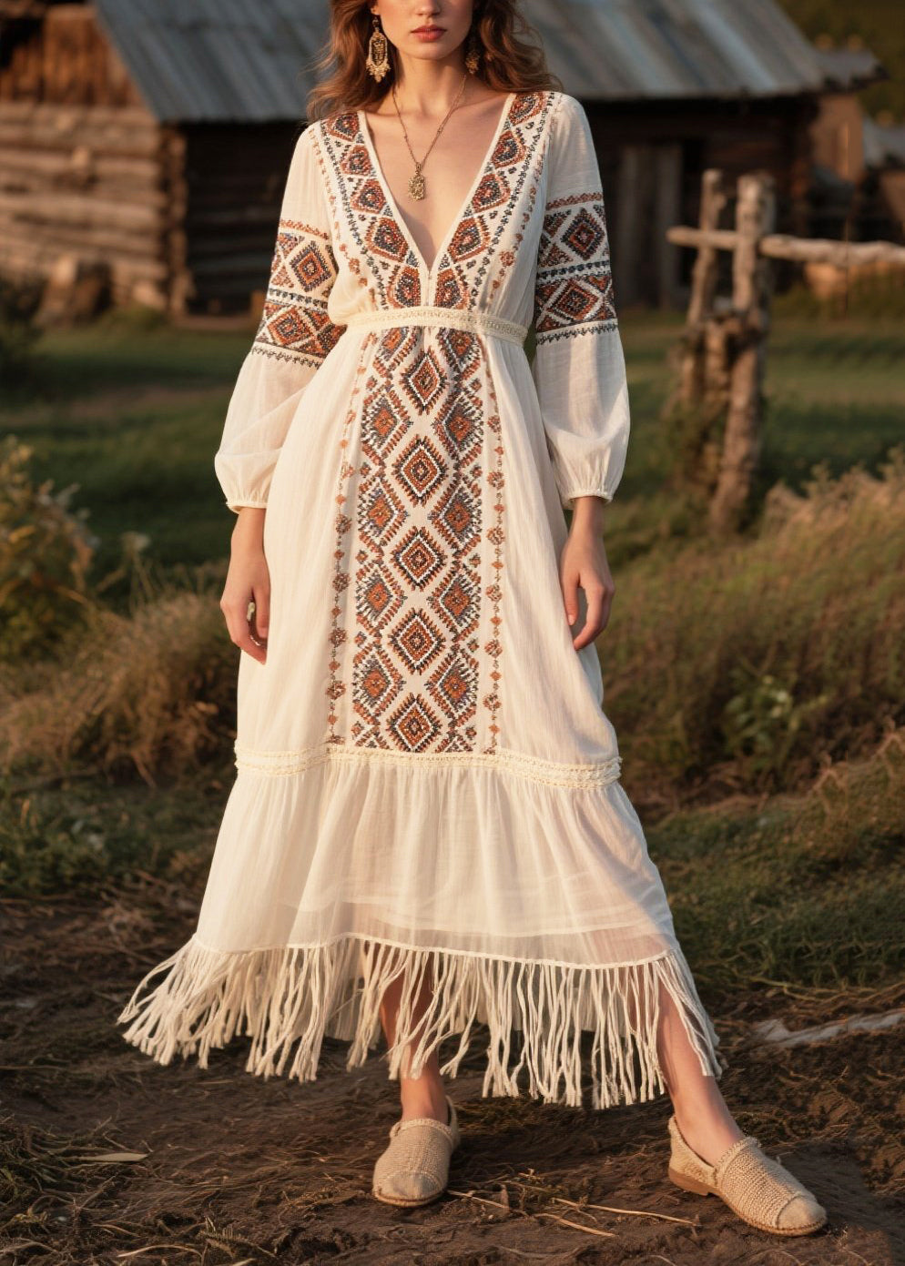 Modern White Tasseled Print Chiffon Dresses Fall