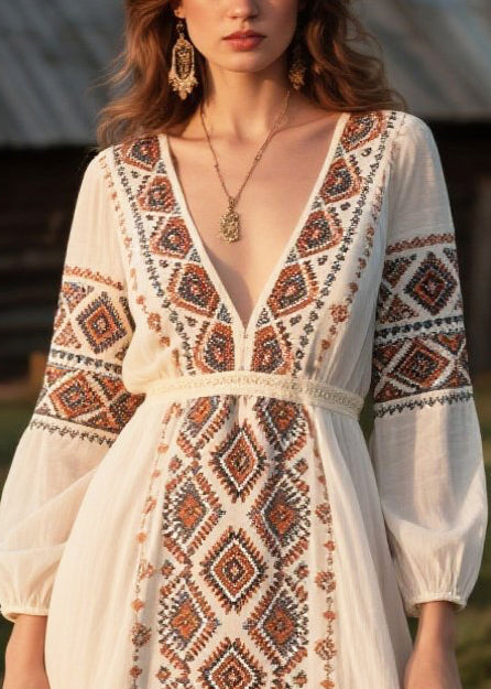 Modern White Tasseled Print Chiffon Dresses Fall
