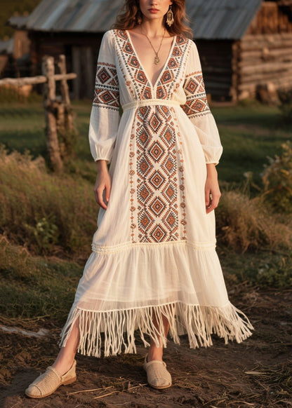 Modern White Tasseled Print Chiffon Dresses Fall