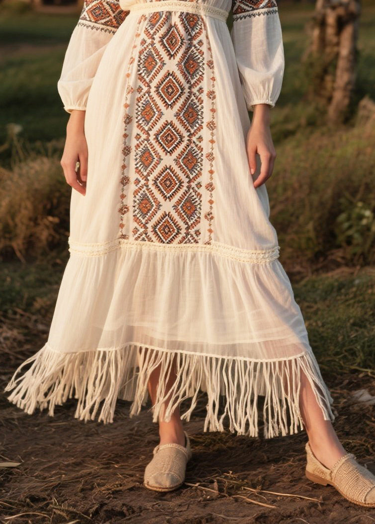 Modern White Tasseled Print Chiffon Dresses Fall