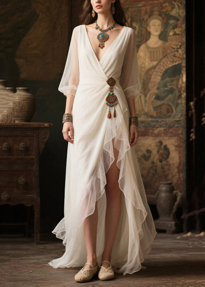 Modern White Tasseled Side Open Tulle Maxi Dresses Summer