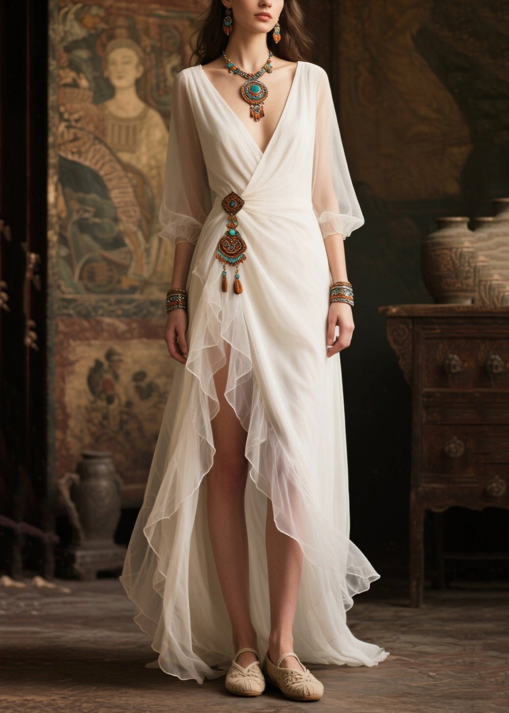 Modern White Tasseled Side Open Tulle Maxi Dresses Summer