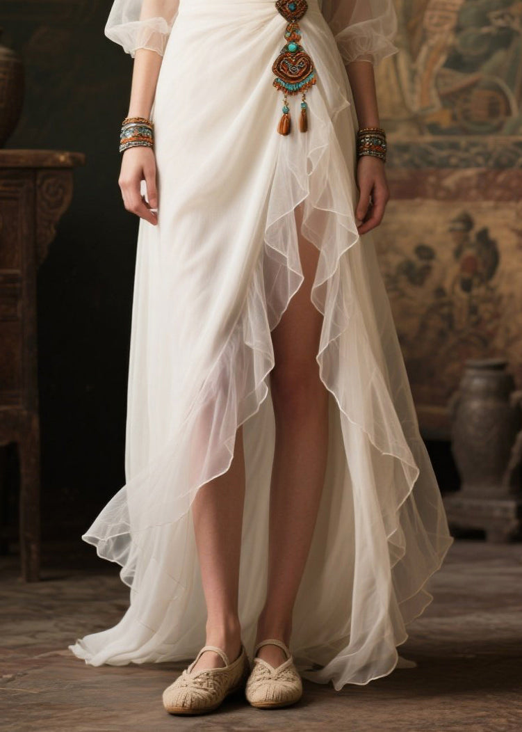 Modern White Tasseled Side Open Tulle Maxi Dresses Summer