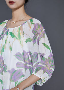 Modern White Tulip Print Chiffon Long Dress Summer