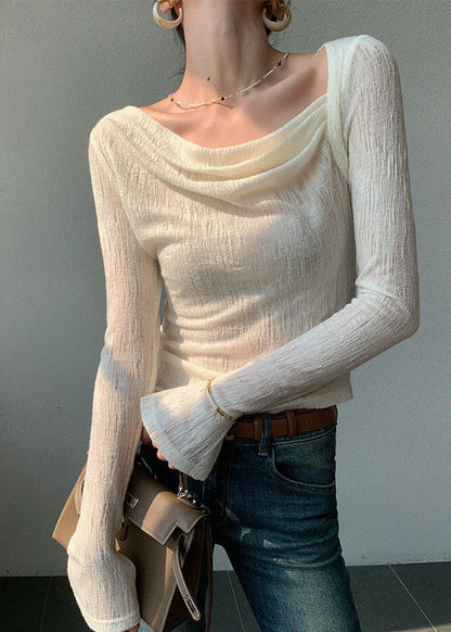 Modern White Turtle Neck Silm Fit Cotton Blouses Spring