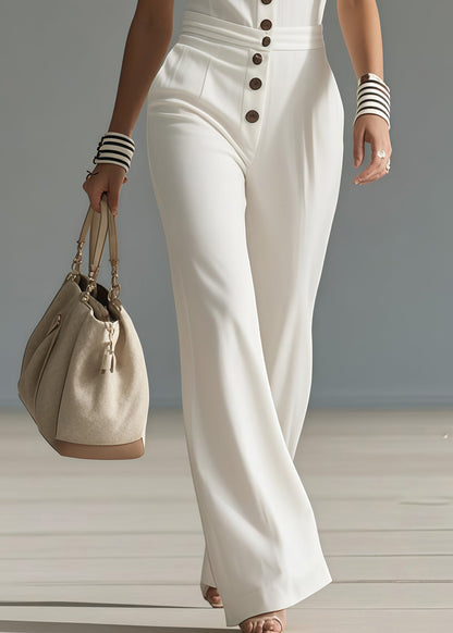 Modern White V Neck Button Cotton Jumpsuit Sleeveless