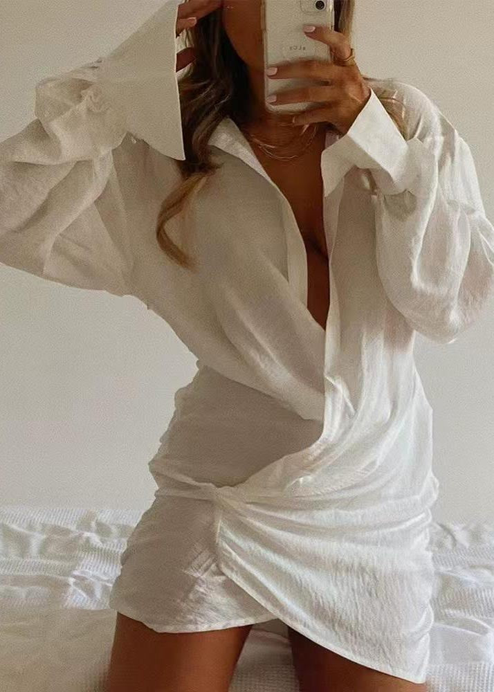 Modern White V Neck Patchwork Cotton Shirt Mini Dress Summer