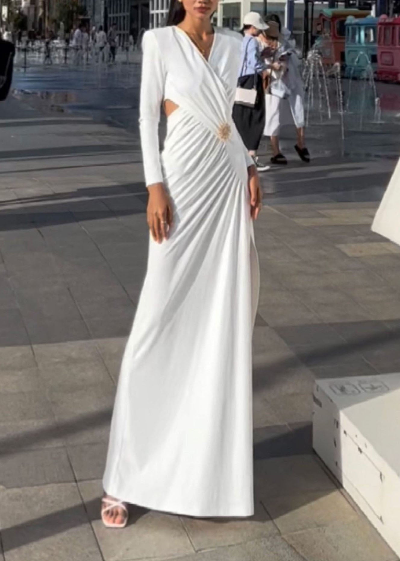Modern White V Neck Patchwork Side Open Cotton Dresses Long Sleeve