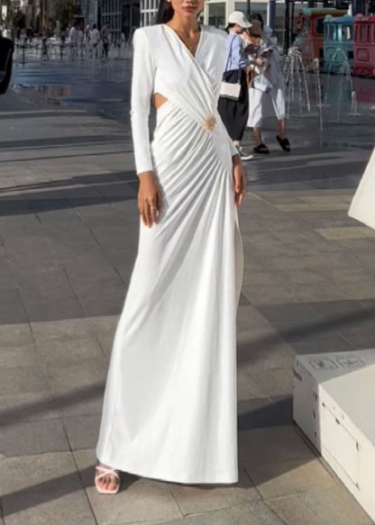 Modern White V Neck Patchwork Side Open Cotton Dresses Long Sleeve