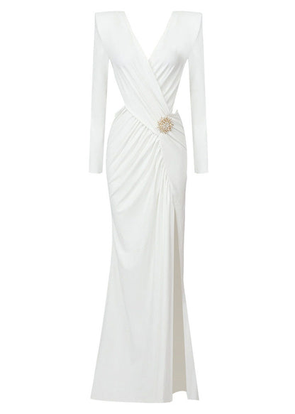 Modern White V Neck Patchwork Side Open Cotton Dresses Long Sleeve