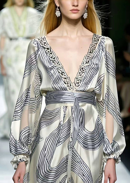 Modern White V Neck Print Silk Holiday Dress Spring