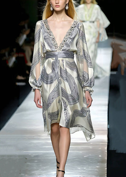 Modern White V Neck Print Silk Holiday Dress Spring