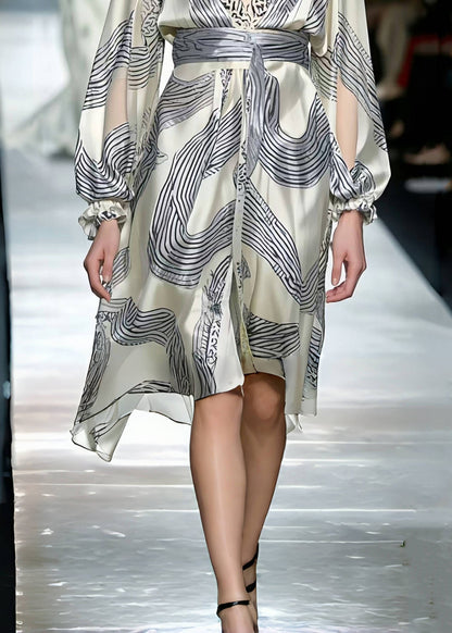 Modern White V Neck Print Silk Holiday Dress Spring