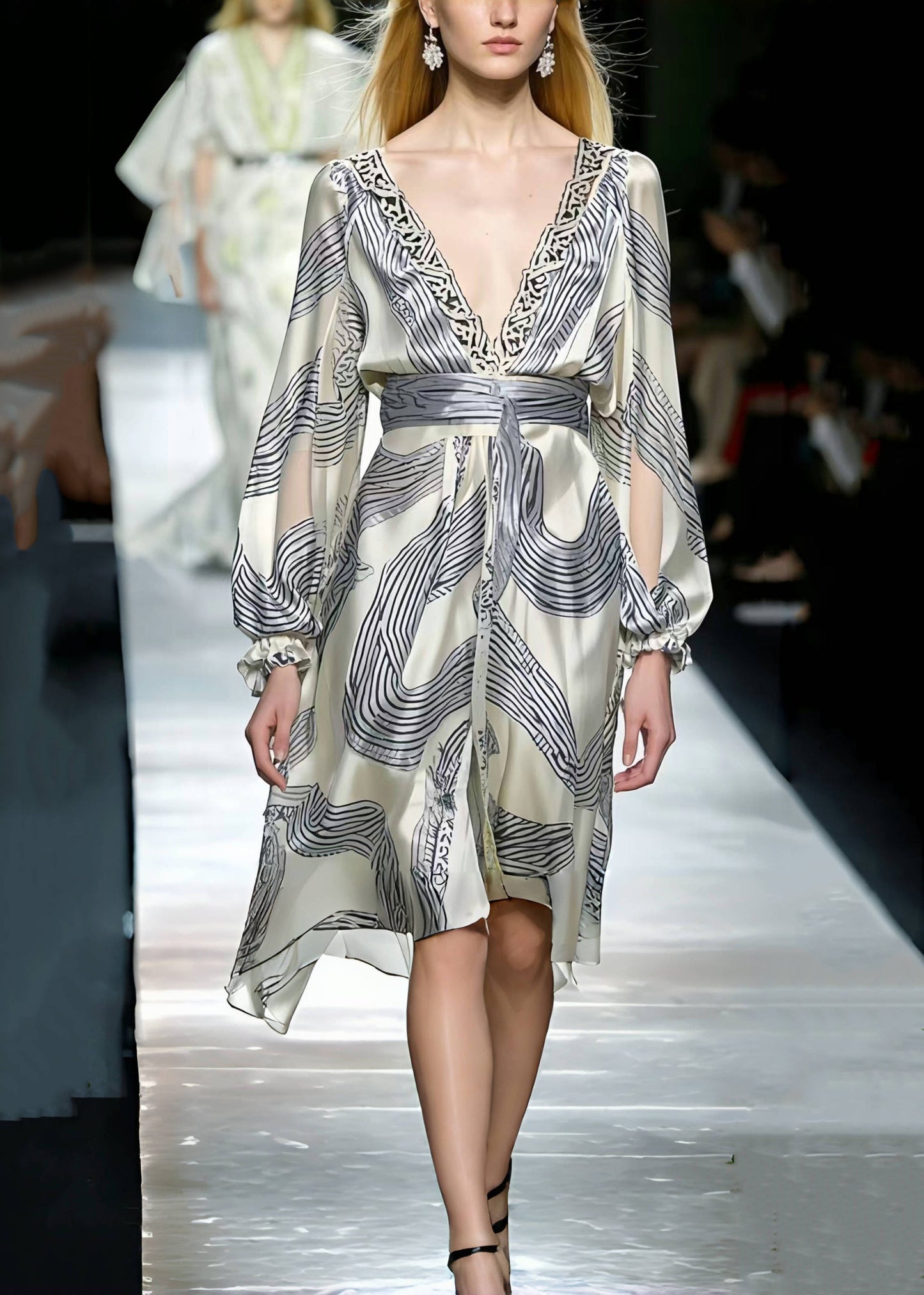 Modern White V Neck Print Silk Holiday Dress Spring