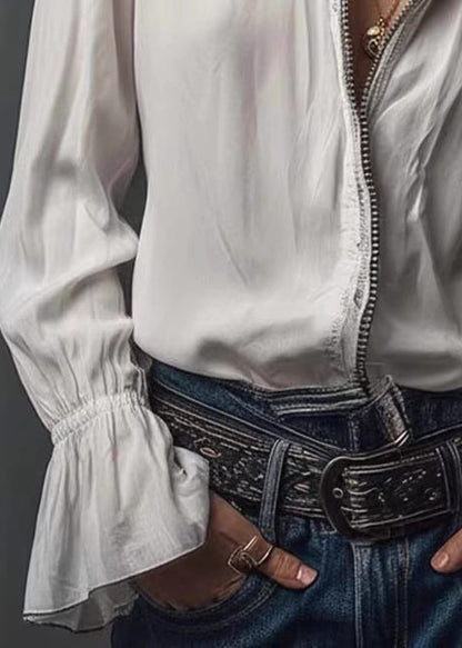 Modern White Zippered Stand Collar Chiffon Top Long Sleeve