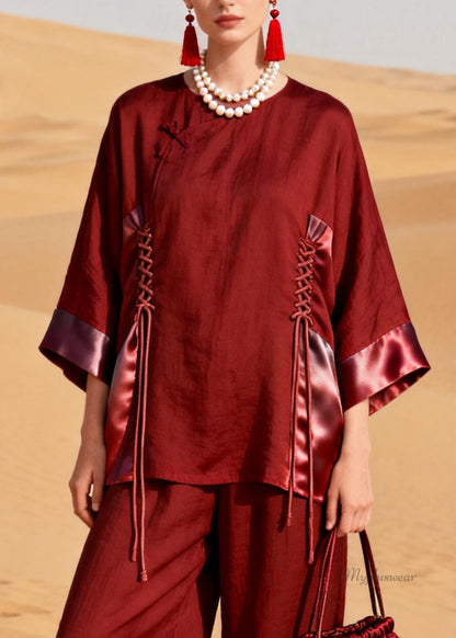 Modern Wine Red Drawstring Silk Patchwork Two Pieces Set Bracelet Sleeve