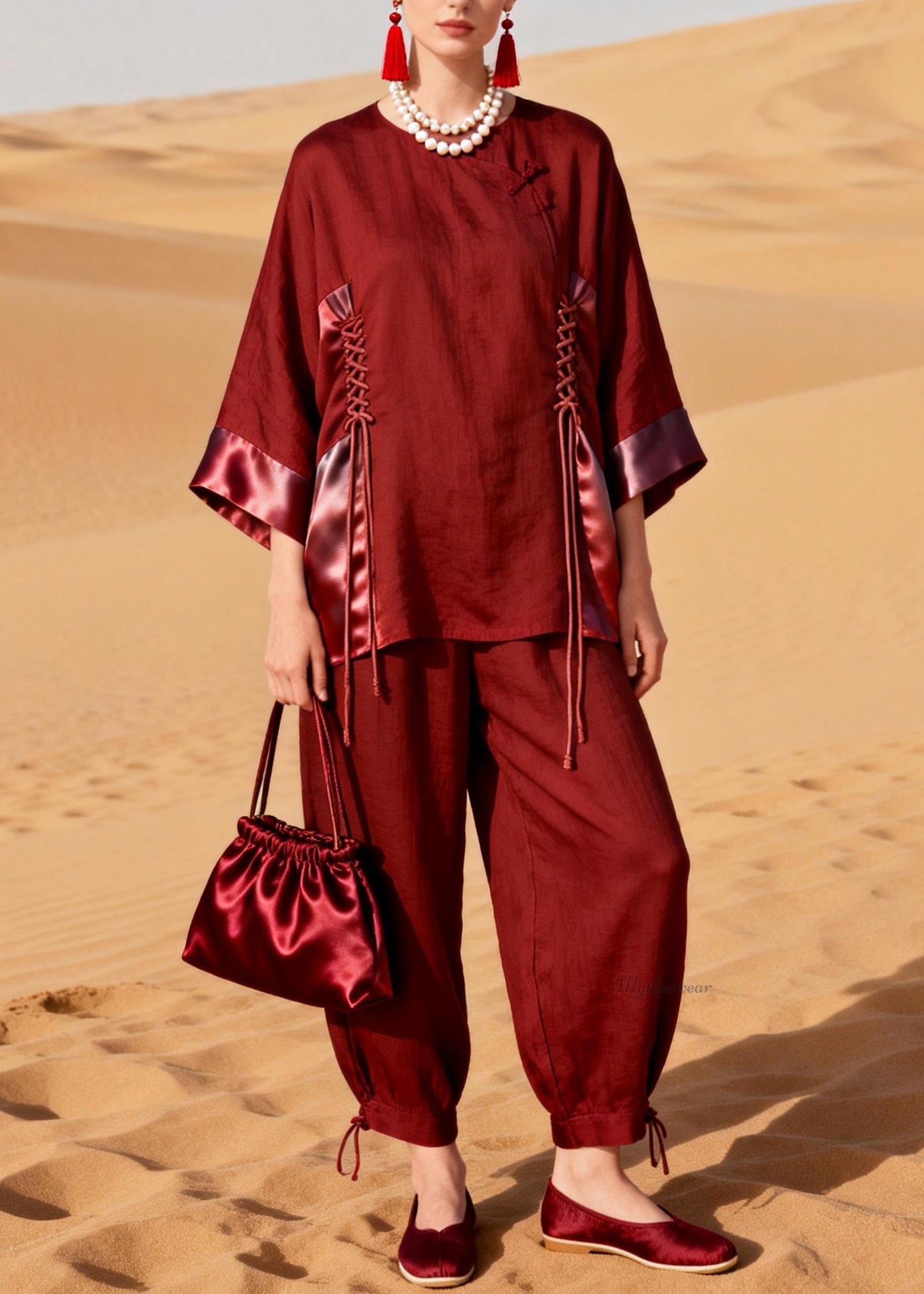 Modern Wine Red Drawstring Silk Patchwork Two Pieces Set Bracelet Sleeve