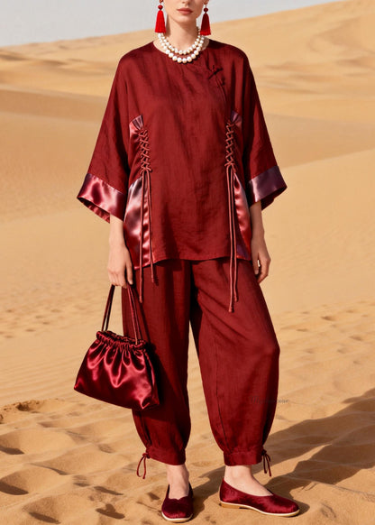 Modern Wine Red Drawstring Silk Patchwork Two Pieces Set Bracelet Sleeve