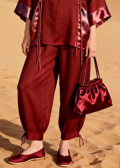 Modern Wine Red Drawstring Silk Patchwork Two Pieces Set Bracelet Sleeve