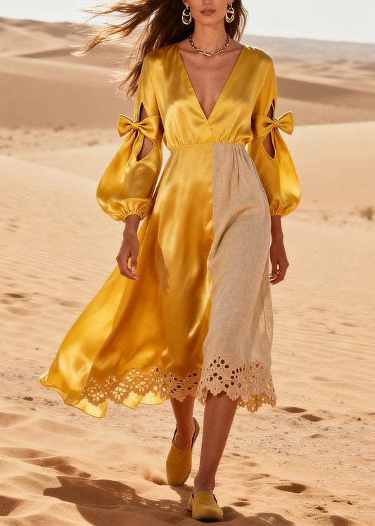Modern Yellow Asymmetrical Patchwork Hollow Out Silk Robe Dresses Summer