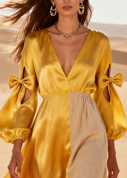 Modern Yellow Asymmetrical Patchwork Hollow Out Silk Robe Dresses Summer