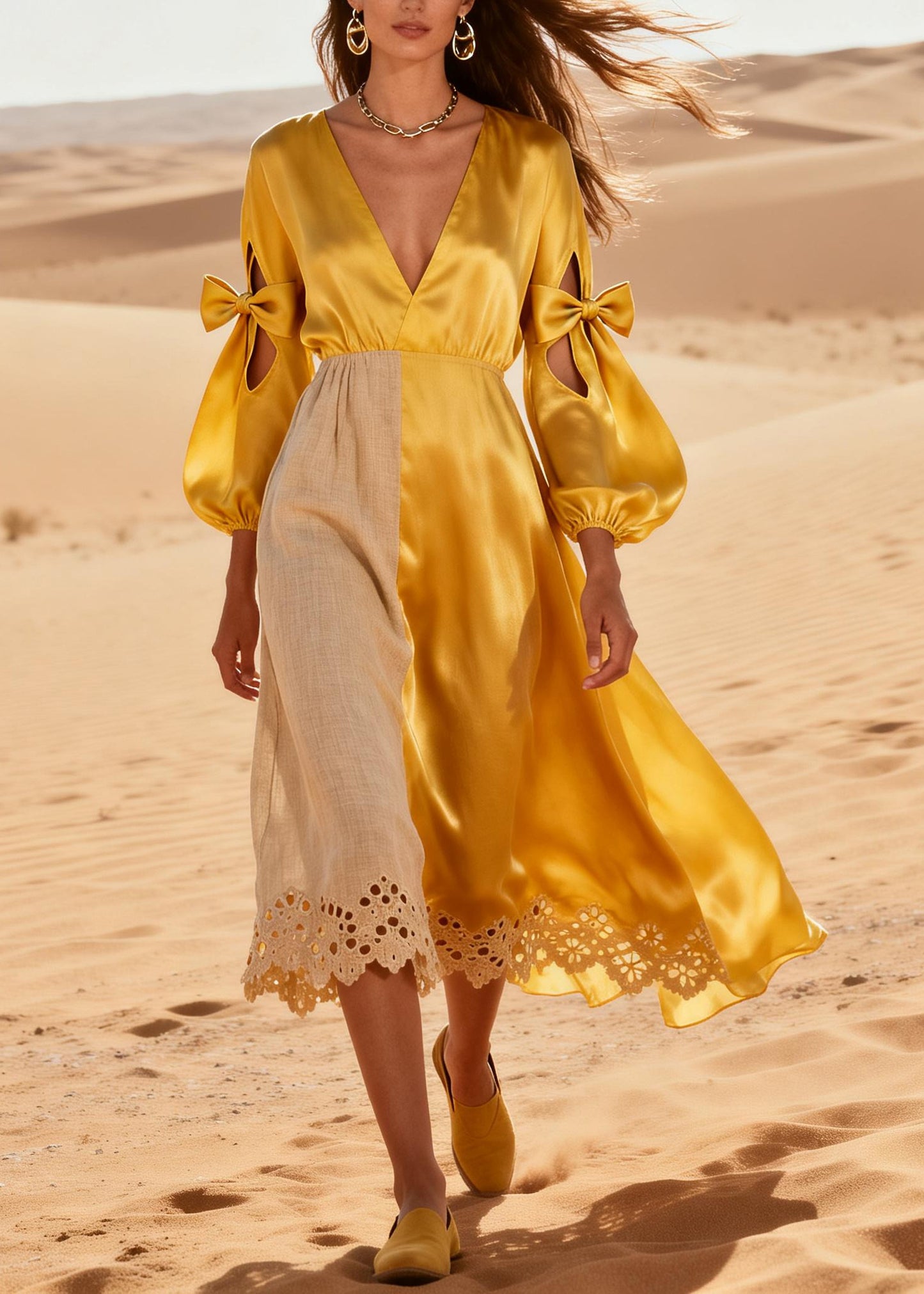 Modern Yellow Asymmetrical Patchwork Hollow Out Silk Robe Dresses Summer