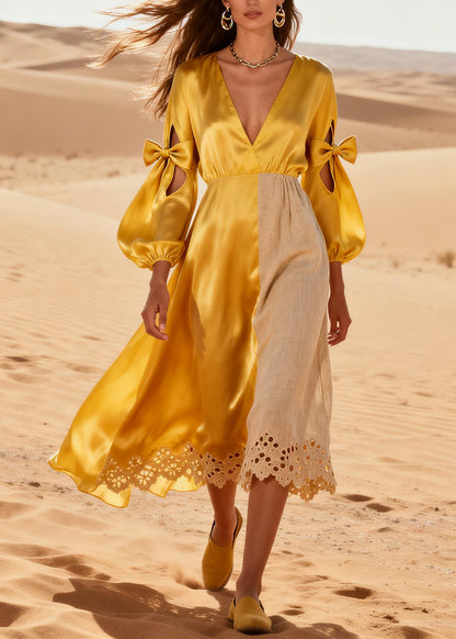 Modern Yellow Asymmetrical Patchwork Hollow Out Silk Robe Dresses Summer