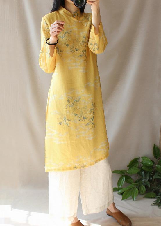 Modern Yellow Dragon Pattern Clothes V Neck Side Open Baggy Dress - SooLinen