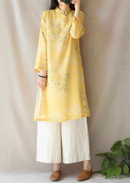 Modern Yellow Dragon Pattern Clothes V Neck Side Open Baggy Dress - SooLinen