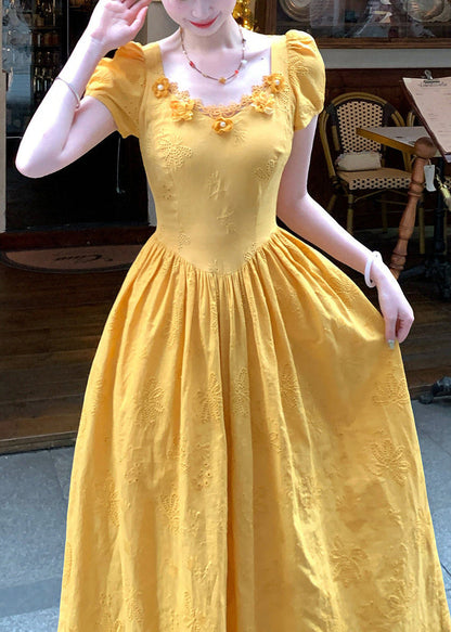 Modern Yellow Embroidered Floral Patchwork Maxi Dress Puff Sleeve