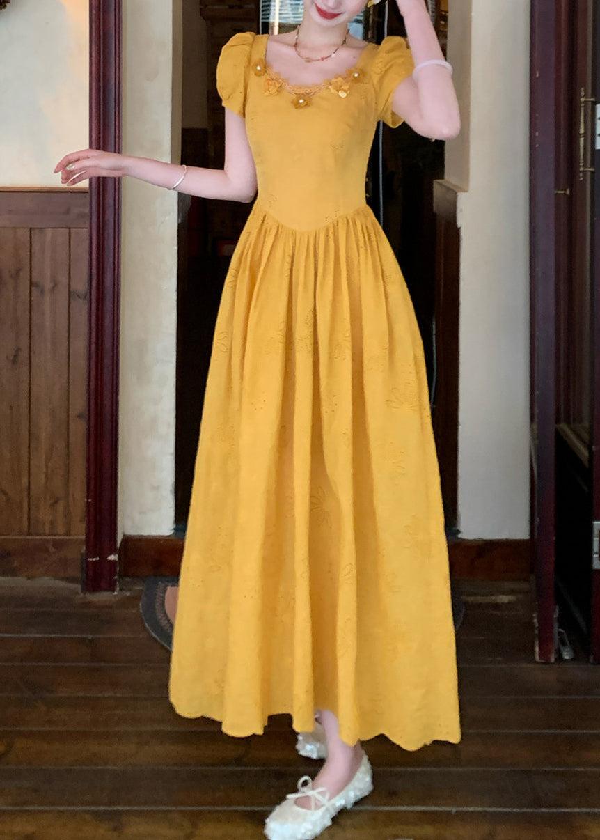 Modern Yellow Embroidered Floral Patchwork Maxi Dress Puff Sleeve