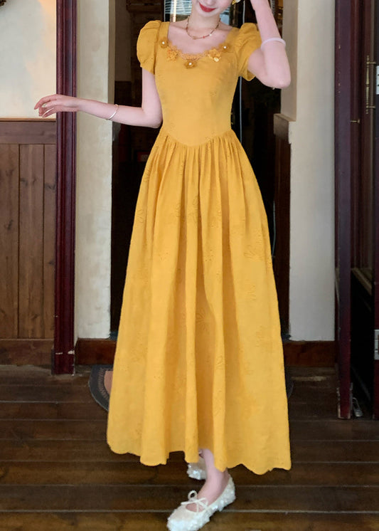 Modern Yellow Embroidered Floral Patchwork Maxi Dress Puff Sleeve