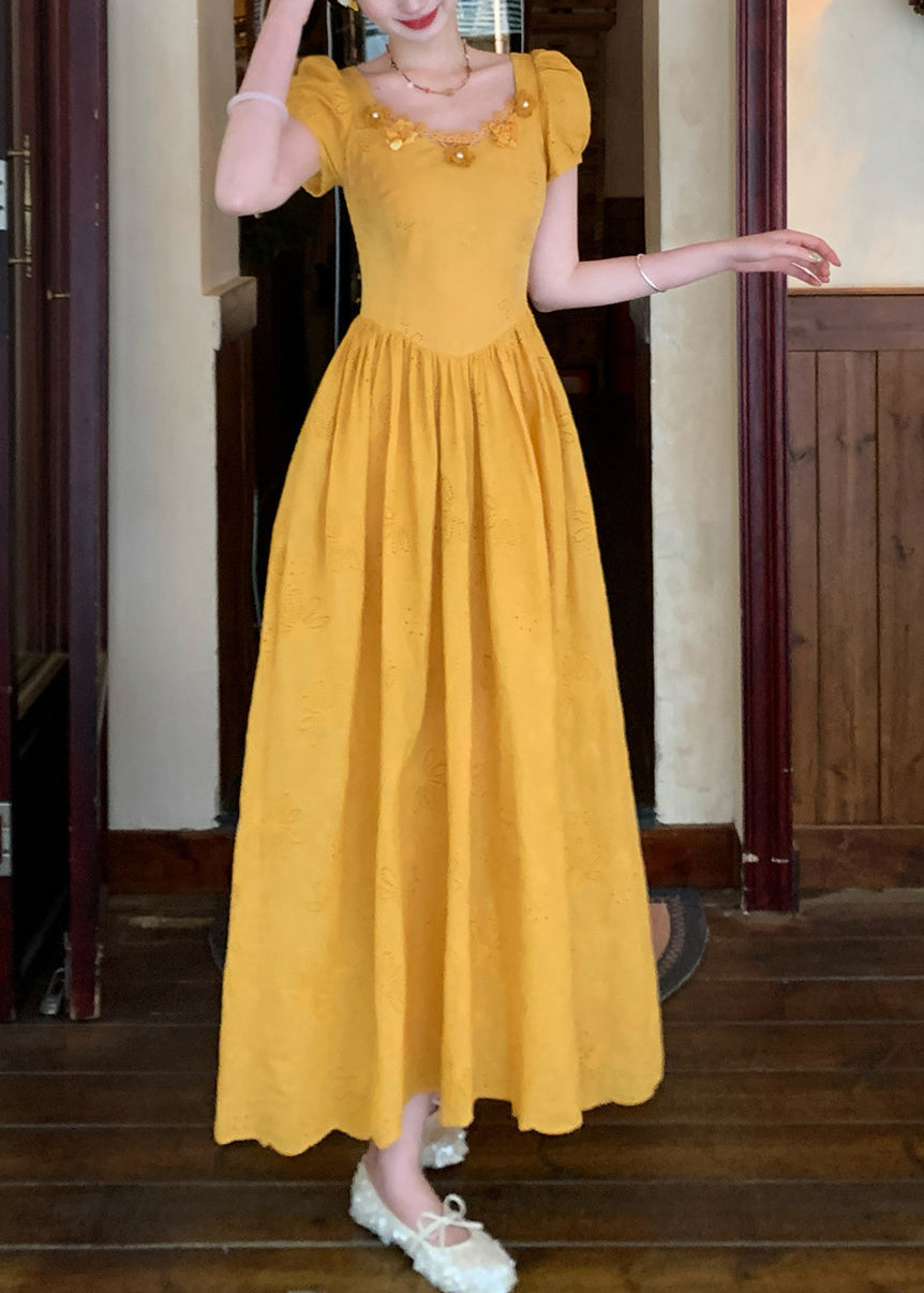 Modern Yellow Embroidered Floral Patchwork Maxi Dress Puff Sleeve