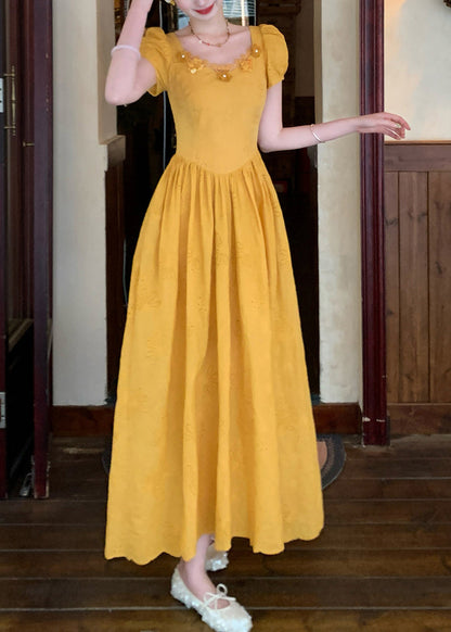 Modern Yellow Embroidered Floral Patchwork Maxi Dress Puff Sleeve