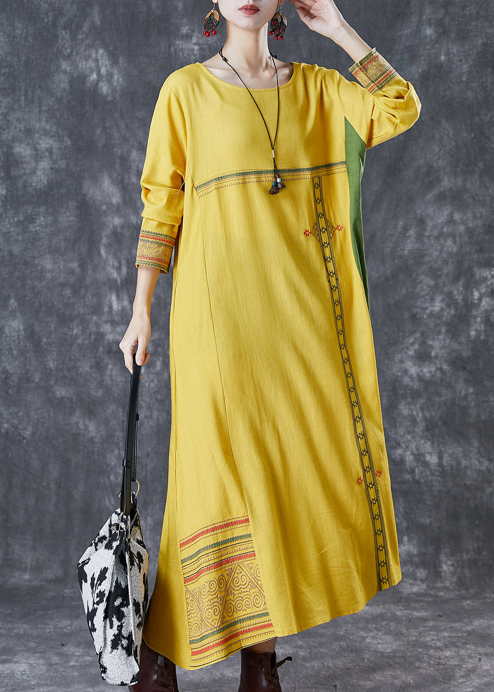 Modern Yellow Embroidered Patchwork Linen Maxi Dresses Spring