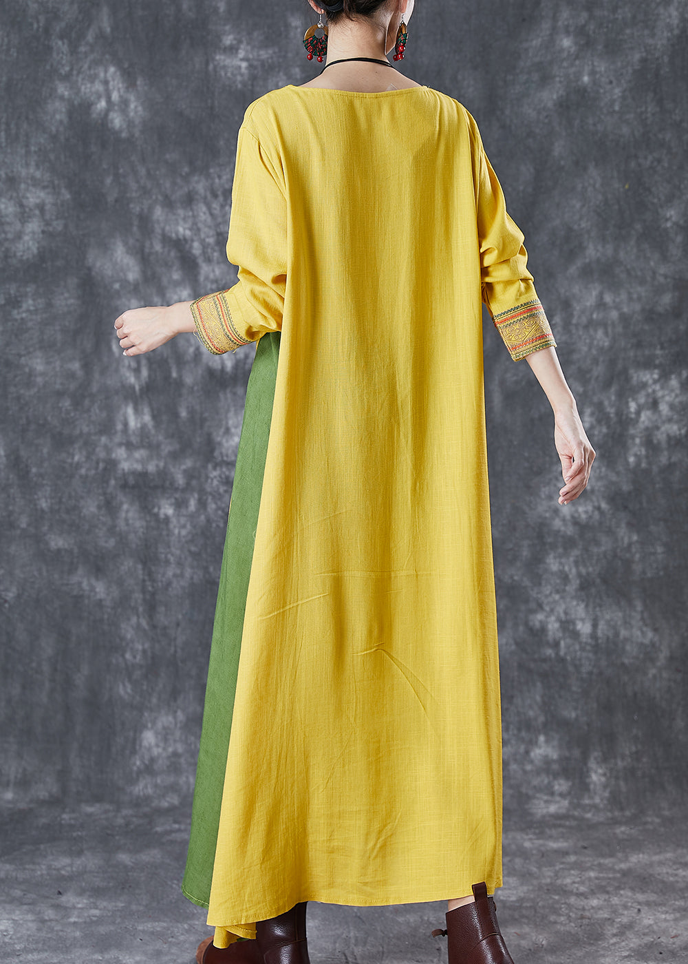 Modern Yellow Embroidered Patchwork Linen Maxi Dresses Spring