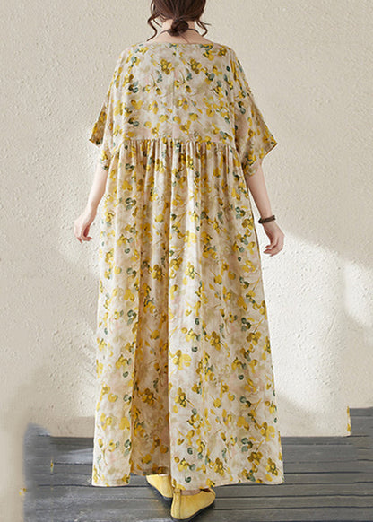Modern Yellow Patchwork Wrinkled Dress Short Sleeve