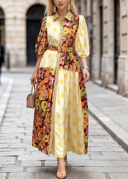 Modern Yellow Peter Pan Collar Print Cotton Dresses Summer