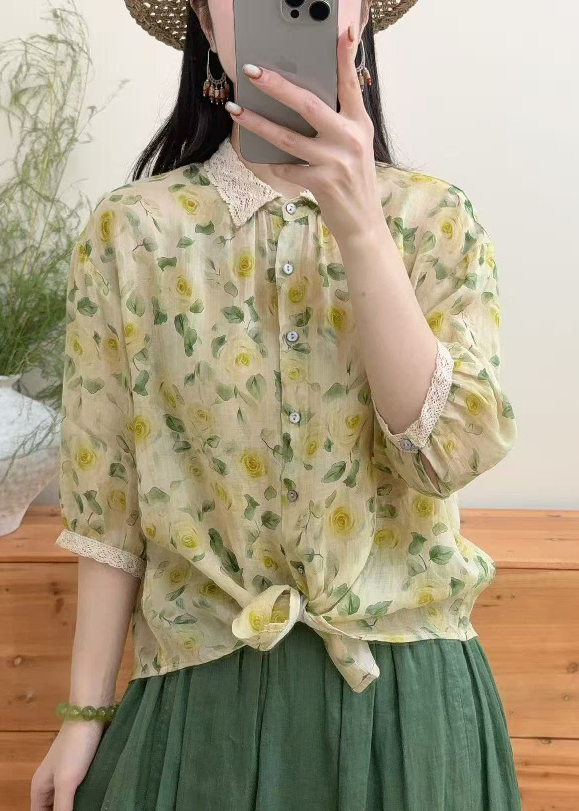 Modern Yellow Peter Pan Collar Print Linen Shirt Top Bracelet Sleeve