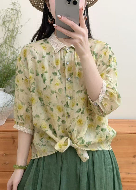 Modern Yellow Peter Pan Collar Print Linen Shirt Top Bracelet Sleeve