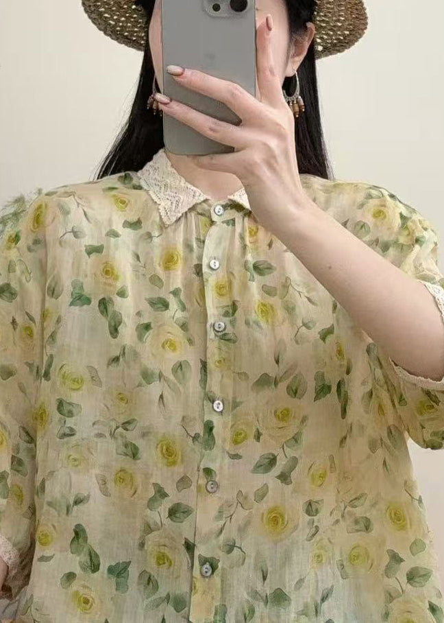 Modern Yellow Peter Pan Collar Print Linen Shirt Top Bracelet Sleeve