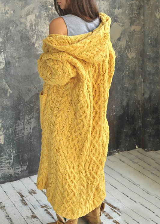 Modern Yellow Pockets Cozy Cotton Knit Maxi Cable Cardigans Fall