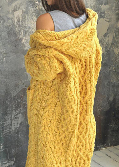 Modern Yellow Pockets Cozy Cotton Knit Maxi Cable Cardigans Fall