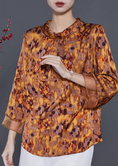 Modern Yellow Print Patchwork Silk Blouse Bracelet Sleeve