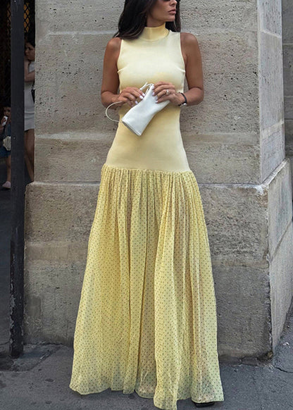 Modern Yellow Stand Collar Patchwork Tulle Dress Sleeveless