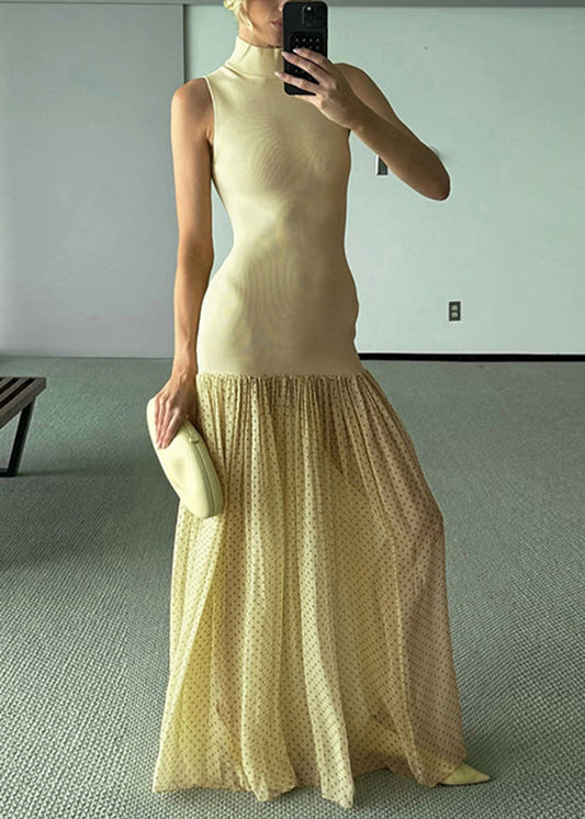 Modern Yellow Stand Collar Patchwork Tulle Dress Sleeveless