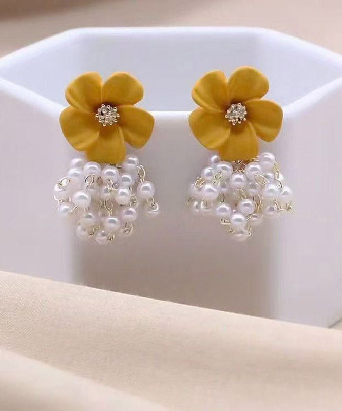Modern Yellow Sterling Silver Overgild Camellia Pearl Stud Earrings
