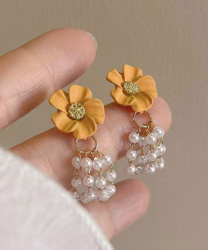 Modern Yellow Sterling Silver Overgild Camellia Pearl Stud Earrings