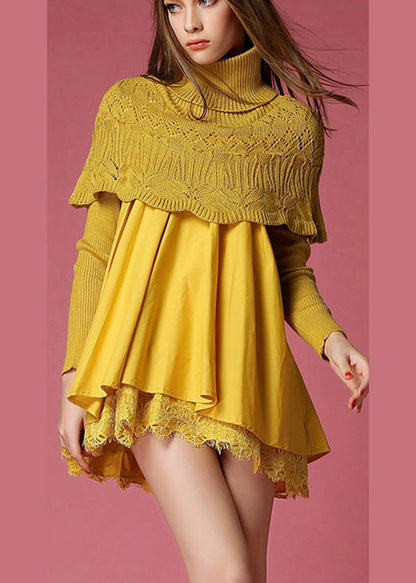 Modern Yellow Turtleneck Knit Patchwork A Line Winter Sweater dress