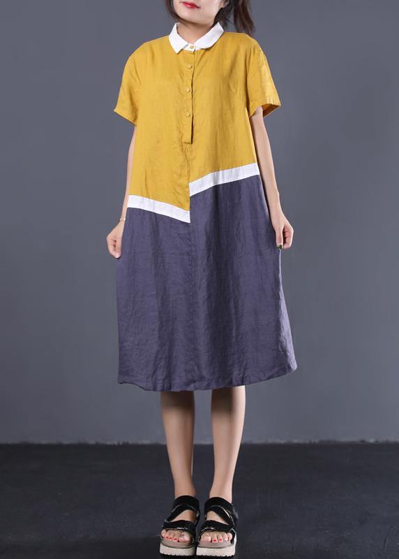 Modern asymmetric patchwork linen clothes Women Neckline yellow POLO collar cotton Dresses summer - SooLinen